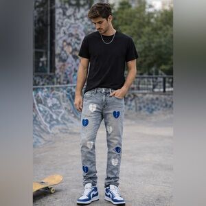 Pheelings Men's Sz 28 Light Wash Broken Heart Print Skinny Ankle Jean Skater